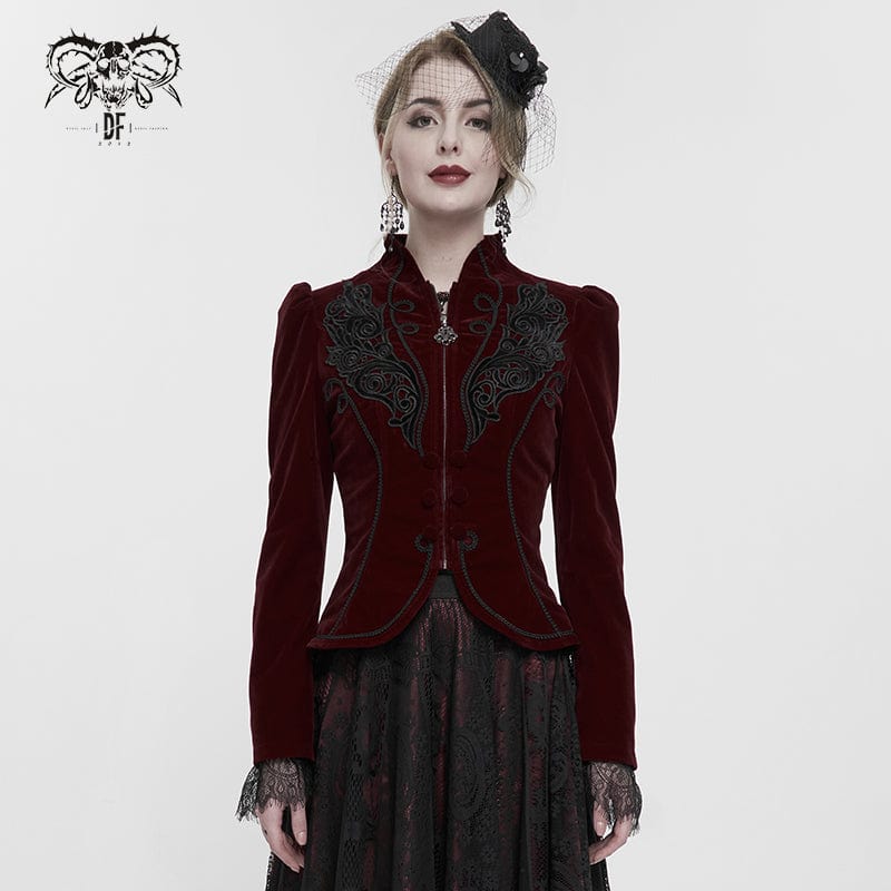 DEVIL FASHION Women's Gothic Stand Collar Floral Embroidered Jacket Red