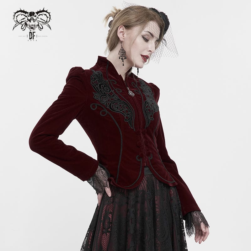 DEVIL FASHION Women's Gothic Stand Collar Floral Embroidered Jacket Red