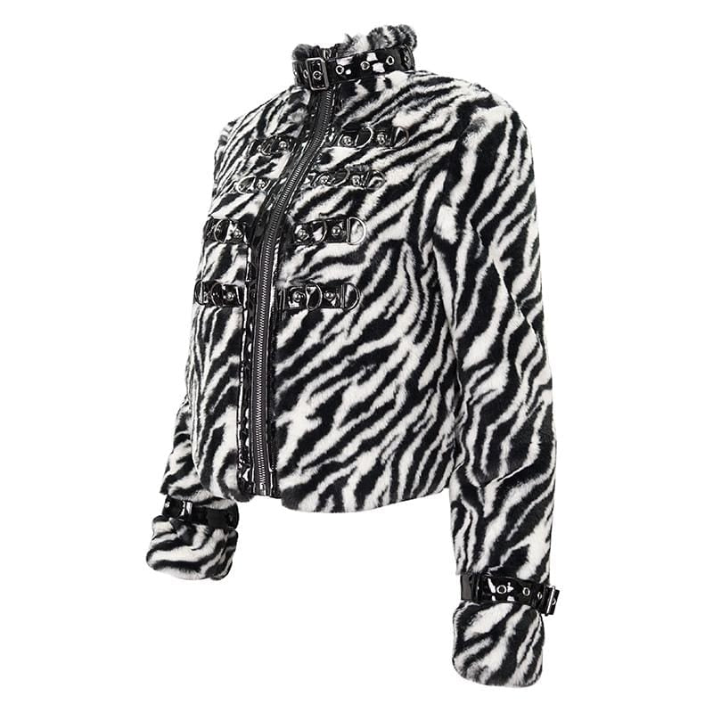 Women's Gothic Stand Collar Zebra-stripe Buckles Jacket