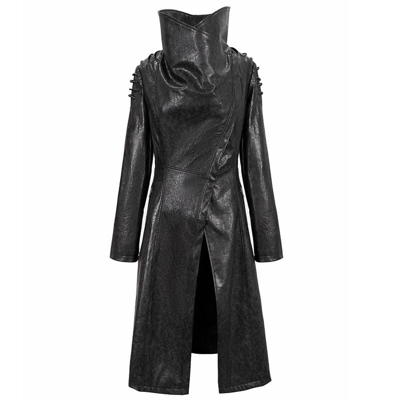 Women's Gothic Stand Collar Zipper Faux Leather Long Coat Black