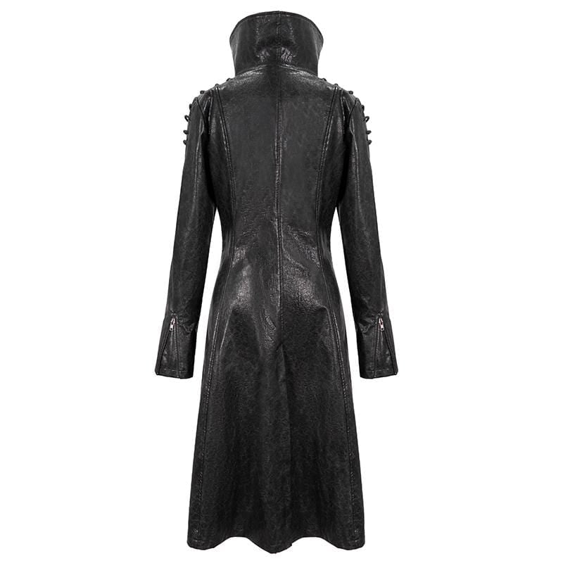 Women's Gothic Stand Collar Zipper Faux Leather Long Coat Black