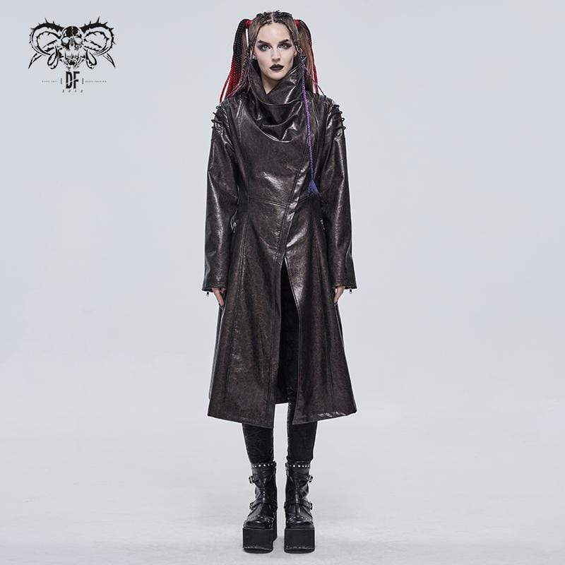 Women's Gothic Stand Collar Zipper Faux Leather Long Coat Dark Gold