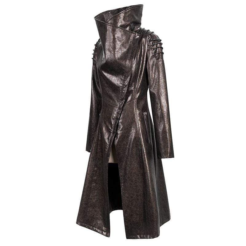 Women's Gothic Stand Collar Zipper Faux Leather Long Coat Dark Gold