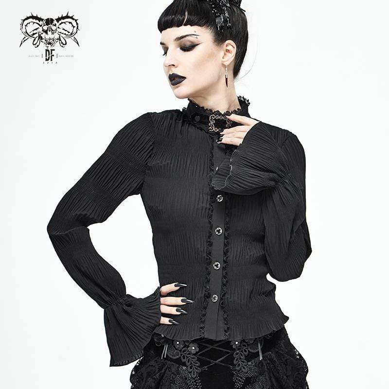 Women's Gothic Stand-up Collar Puff Sleeved Black Shirt