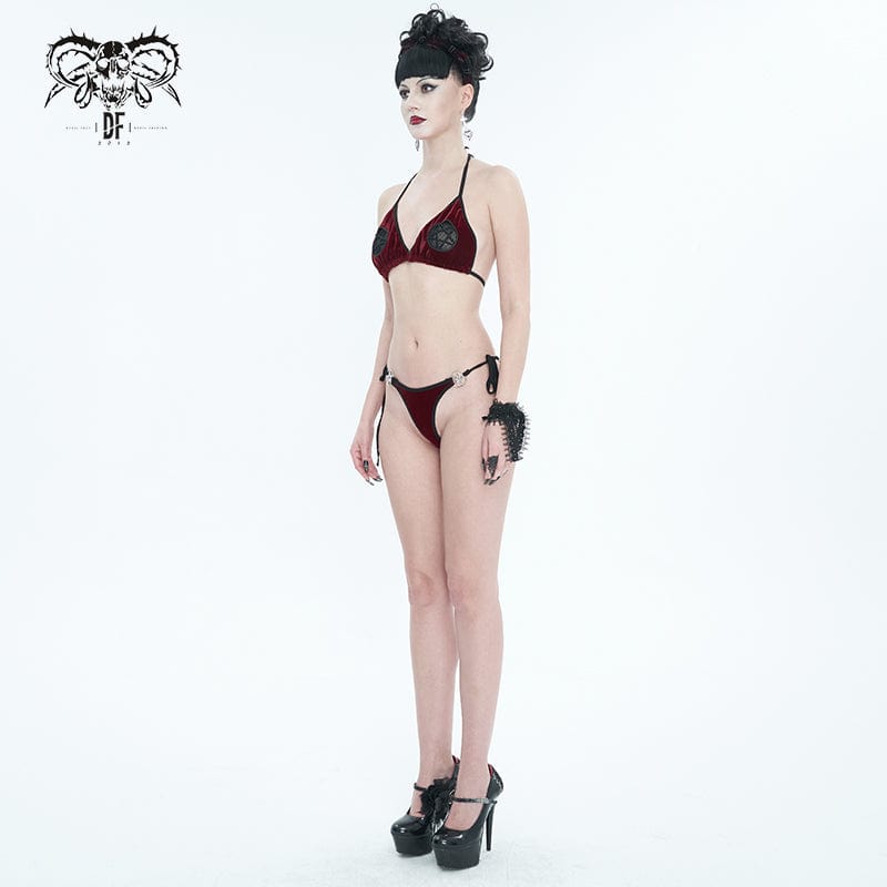 DEVIL FASHION Women's Gothic Star Tie Side Bikini Wine Red