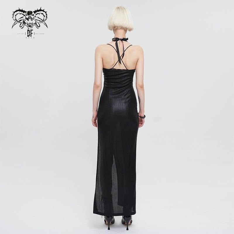 DEVIL FASHION Women's Gothic Strappy Chain Split Halterneck Dress