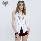 DEVIL FASHION Women's Gothic Strappy Floral Embroidered Ruffled White Vest