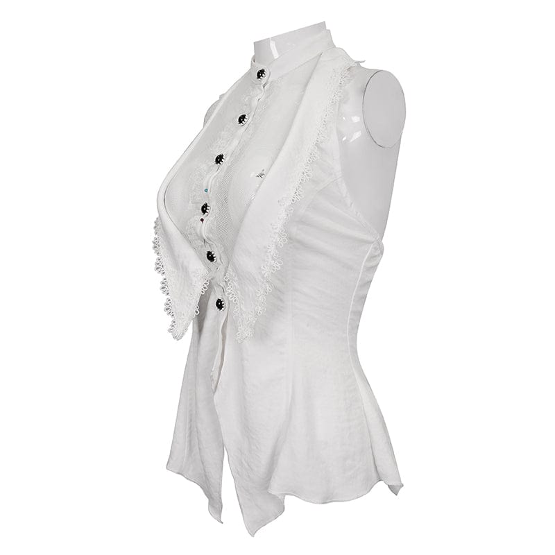 DEVIL FASHION Women's Gothic Strappy Floral Embroidered Ruffled White Vest