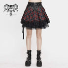 DEVIL FASHION Women's Gothic Strappy Mesh Plaid Skirts With Chains