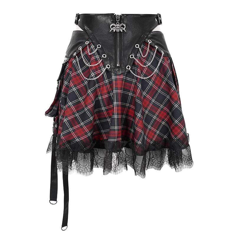 DEVIL FASHION Women's Gothic Strappy Mesh Plaid Skirts With Chains