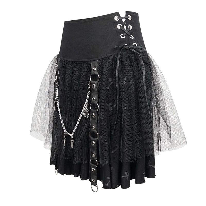 DEVIL FASHION Women's Gothic Strappy Mesh Splice Chain Skirt