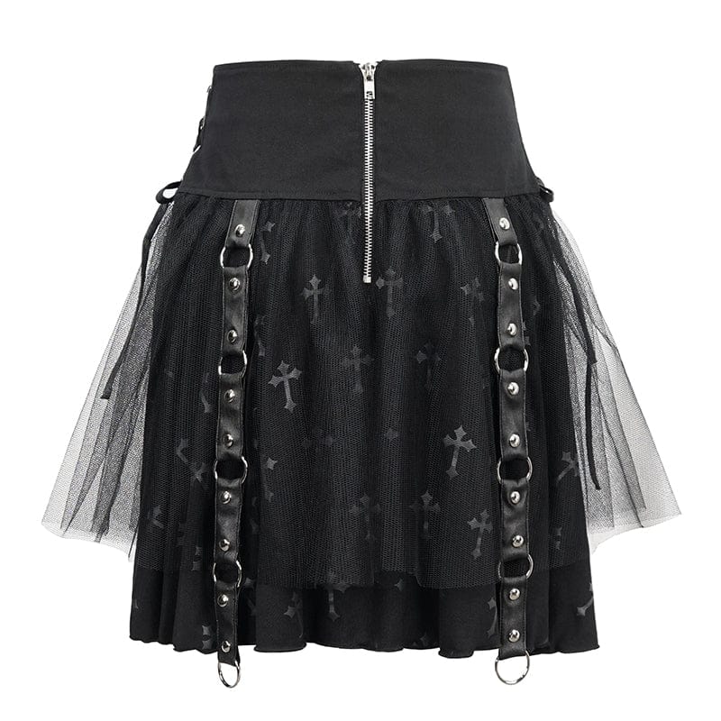 DEVIL FASHION Women's Gothic Strappy Mesh Splice Chain Skirt