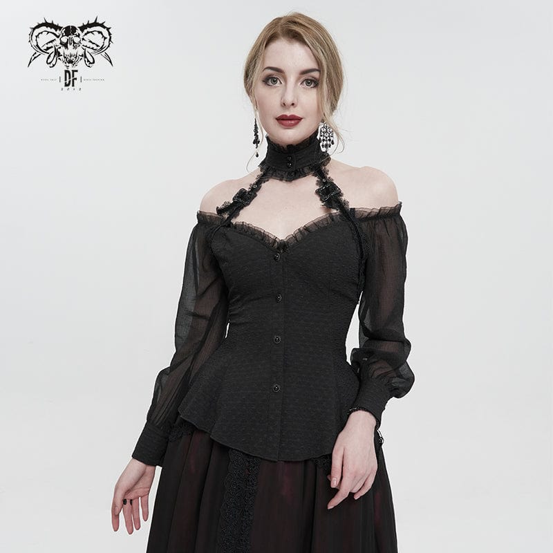 DEVIL FASHION Women's Gothic Strappy Off Shoulder Halterneck Shirt