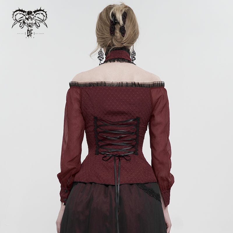 DEVIL FASHION Women's Gothic Strappy Off Shoulder Halterneck Shirt Red