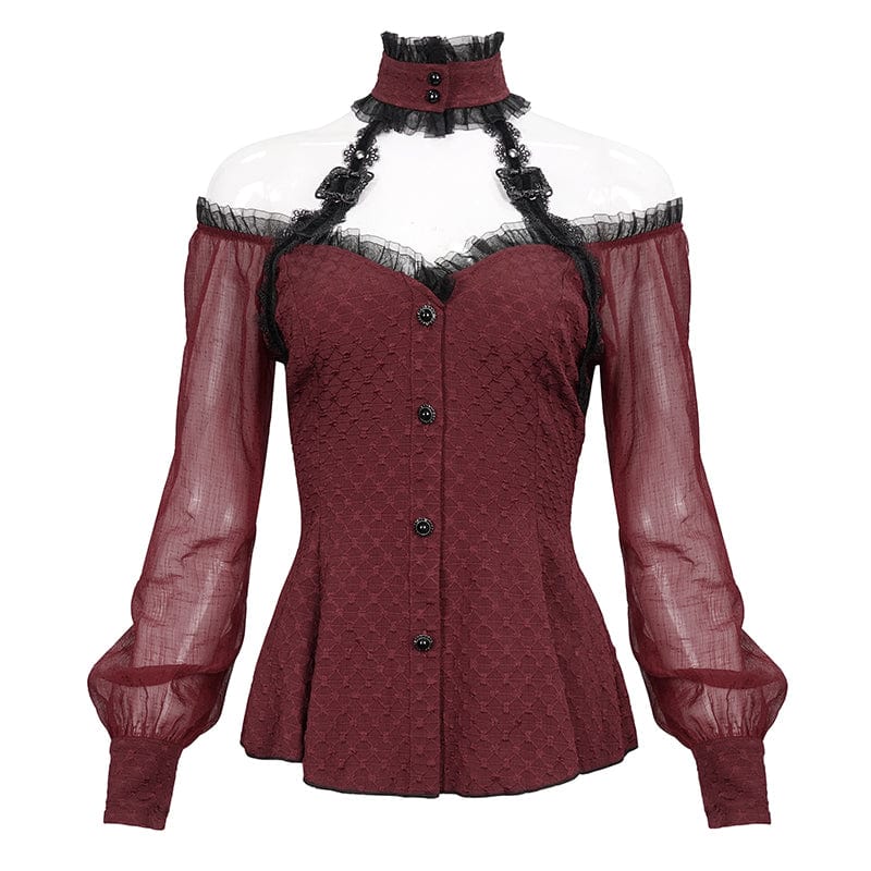 DEVIL FASHION Women's Gothic Strappy Off Shoulder Halterneck Shirt Red