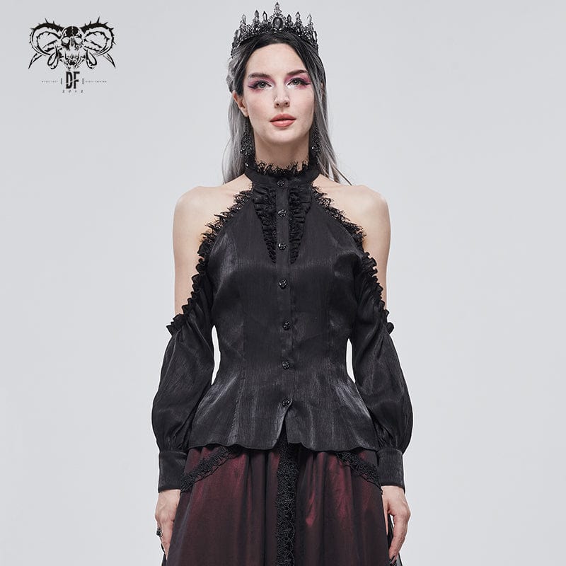DEVIL FASHION Women's Gothic Strappy Off Shoulder Lace Hem Black Shirt