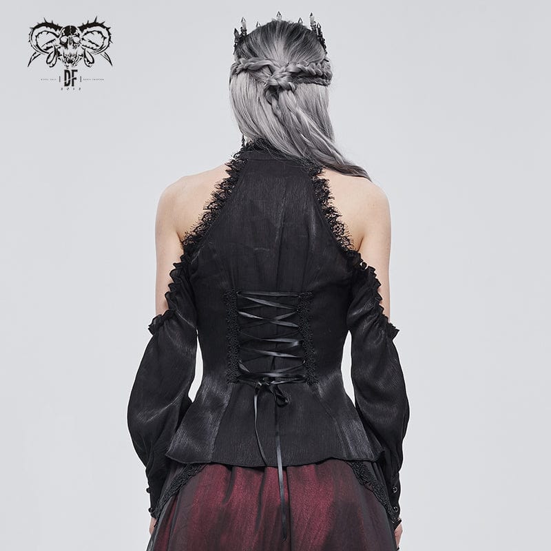 DEVIL FASHION Women's Gothic Strappy Off Shoulder Lace Hem Black Shirt