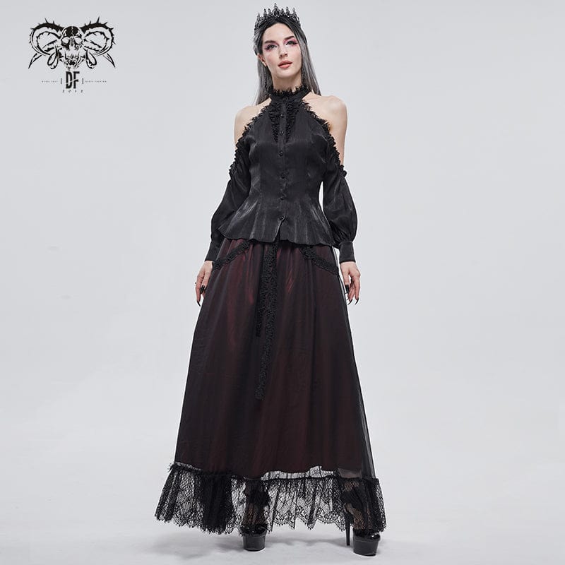 DEVIL FASHION Women's Gothic Strappy Off Shoulder Lace Hem Black Shirt