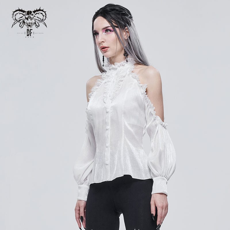 DEVIL FASHION Women's Gothic Strappy Off Shoulder Lace Hem White Shirt