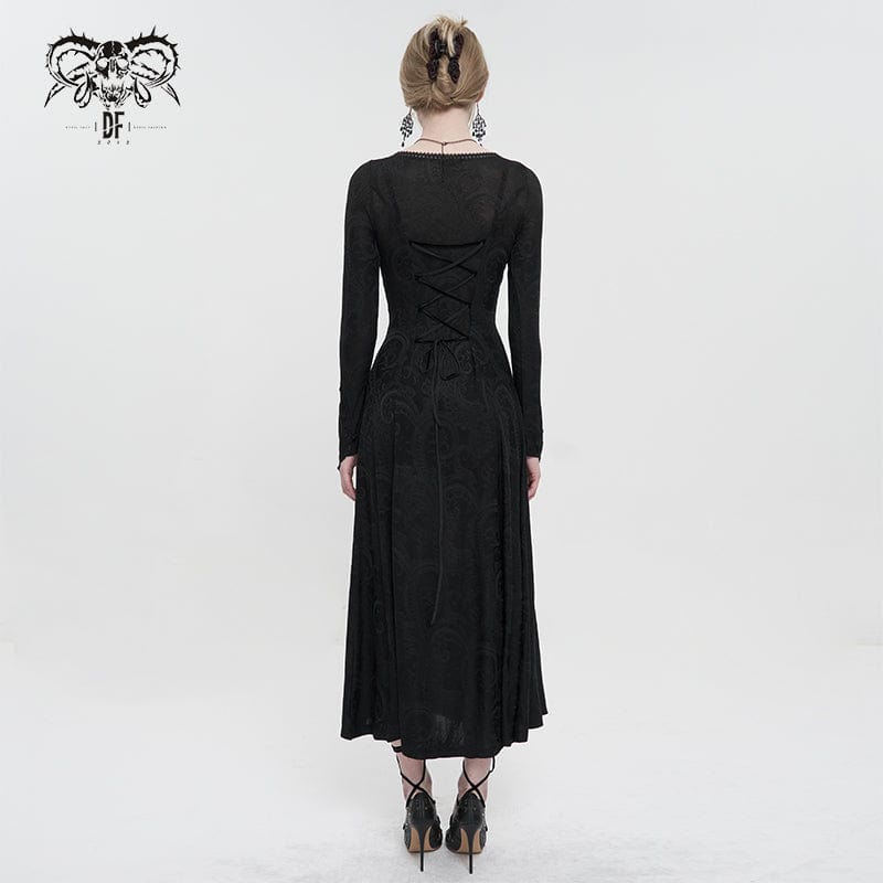 DEVIL FASHION Women's Gothic Strappy Plunging Floral Embroidered Dress