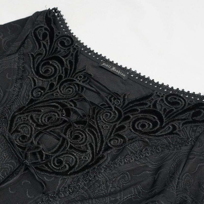 DEVIL FASHION Women's Gothic Strappy Plunging Floral Embroidered Dress