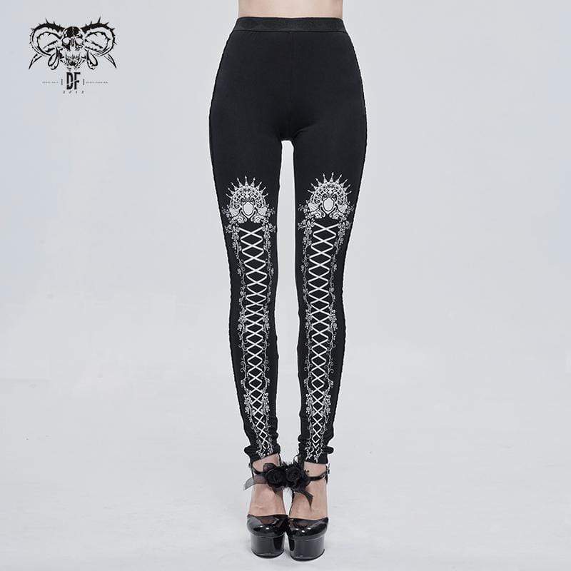 DEVIL FASHION Women's Gothic Strappy Printed Leggings White