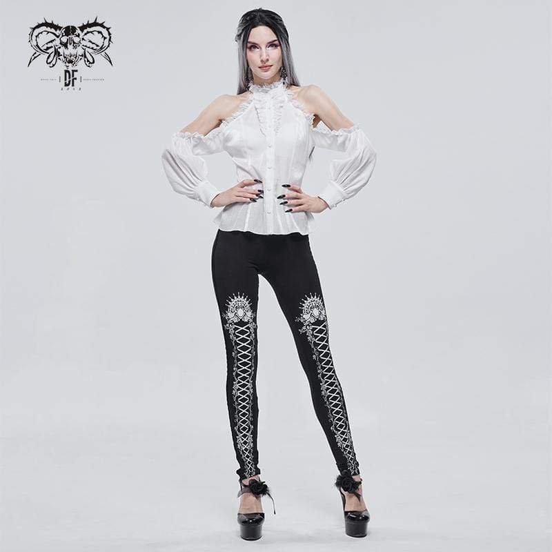 DEVIL FASHION Women's Gothic Strappy Printed Leggings White