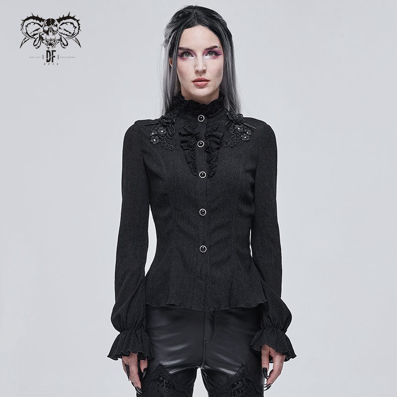 DEVIL FASHION Women's Gothic Strappy Puff Sleeved Ruched Black Shirt