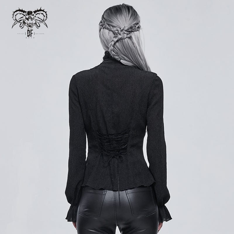 DEVIL FASHION Women's Gothic Strappy Puff Sleeved Ruched Black Shirt