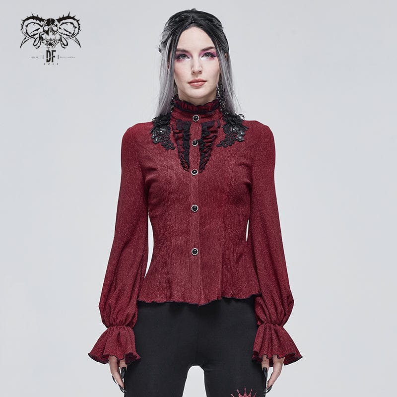 DEVIL FASHION Women's Gothic Strappy Puff Sleeved Ruched Red Shirt