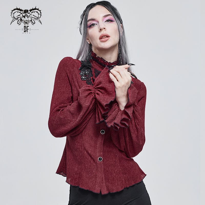 DEVIL FASHION Women's Gothic Strappy Puff Sleeved Ruched Red Shirt