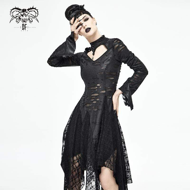 Women's Gothic Strappy Ripped Splice Black Dress