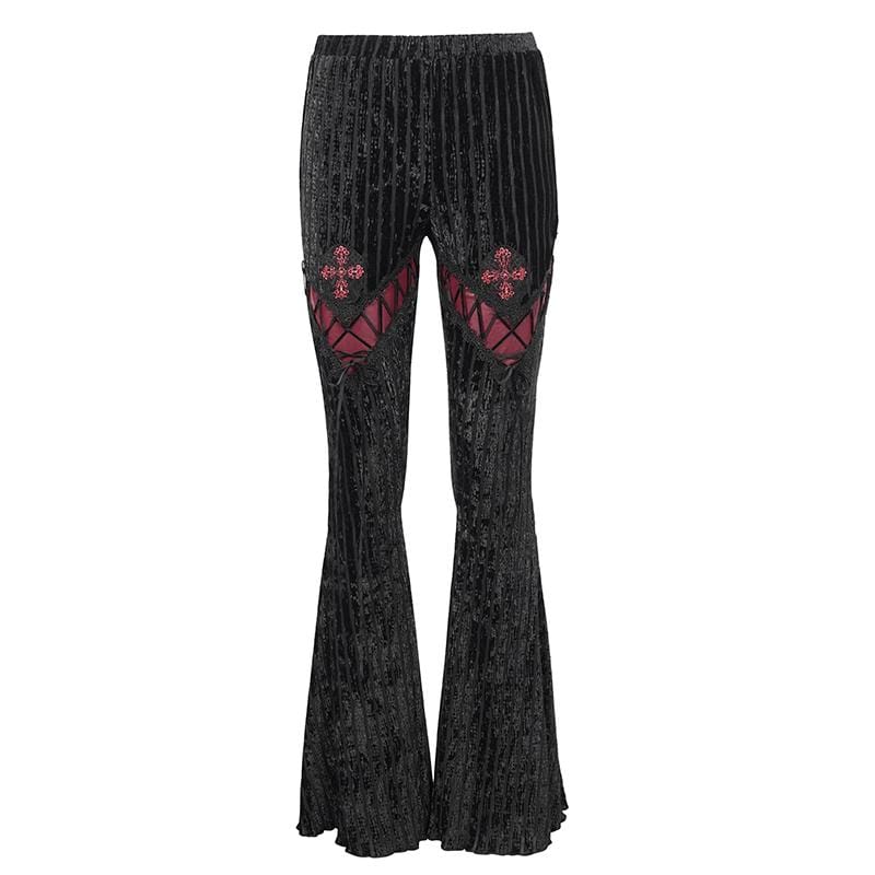 DEVIL FASHION Women's Gothic Strappy Splice Ribbed Flared Pants