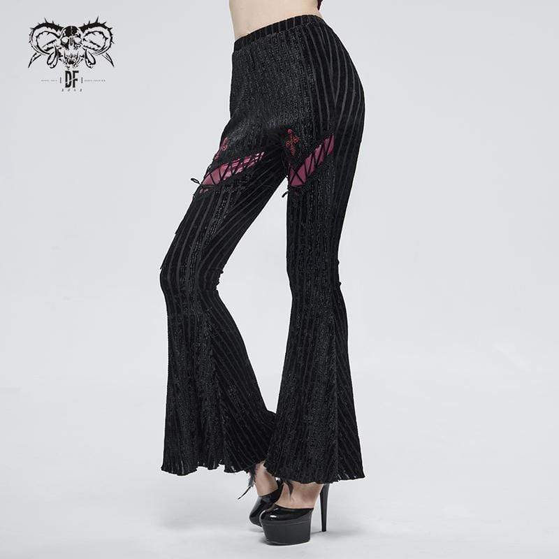 DEVIL FASHION Women's Gothic Strappy Splice Ribbed Flared Pants
