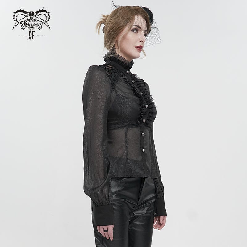 DEVIL FASHION Women's Gothic Strappy Stand Collar Ruffled Shirt