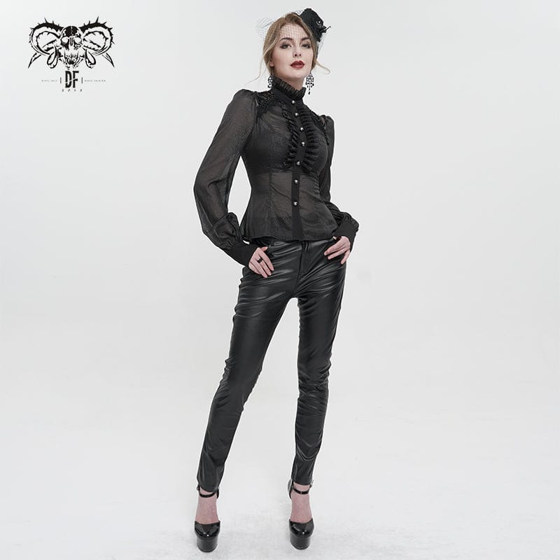 DEVIL FASHION Women's Gothic Strappy Stand Collar Ruffled Shirt