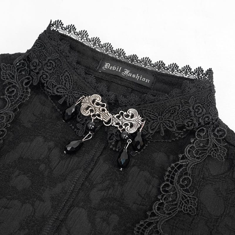 DEVIL FASHION Women's Gothic Strappy Toned Horn Sleeved Floral Embroidered Shirt