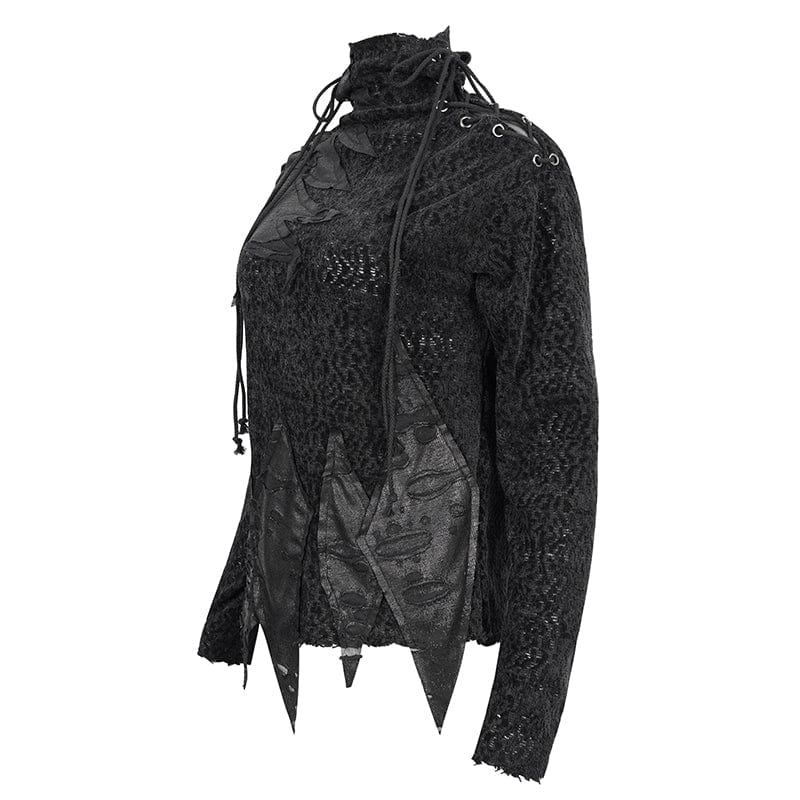 DEVIL FASHION Women's Gothic Strappy Turtleneck Ripped Shirt