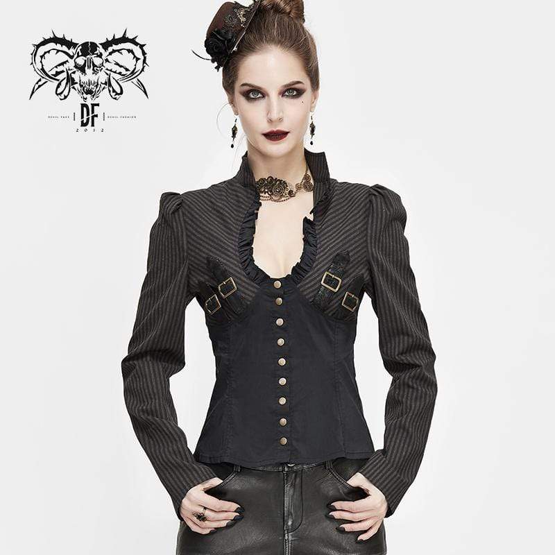 Women's Gothic Striped Falbala Splicing Faux Leather Shirts