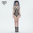 DEVIL FASHION Women's Gothic Studded Mesh Splice Patent Leather Bodysuit