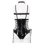 DEVIL FASHION Women's Gothic Studded Mesh Splice Patent Leather Bodysuit