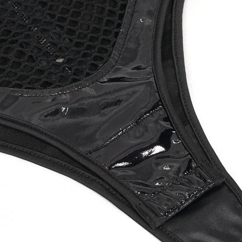 DEVIL FASHION Women's Gothic Studded Mesh Splice Patent Leather Bodysuit