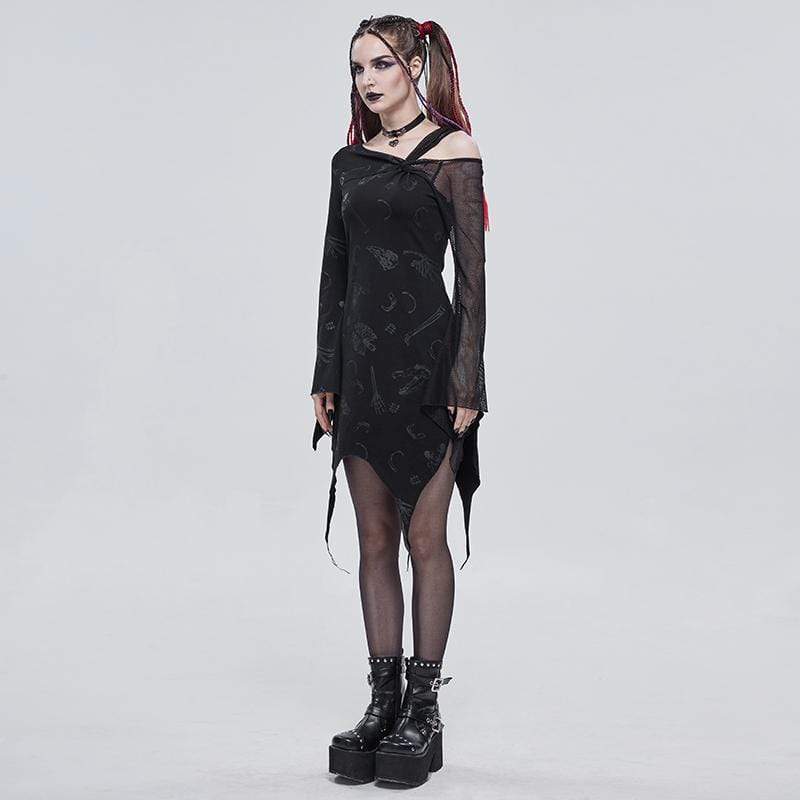 Women's Gothic Toned Horn Sleeved Mesh Splice Dress