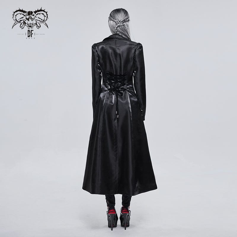 DEVIL FASHION Women's Gothic Turn-down Collar Strappy Long Coat with Skull Breastpin