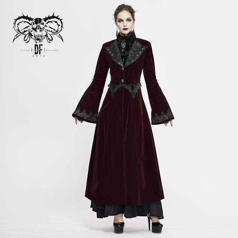Women's Gothic Velet Large Lapel Flare Sleeve Long Coats Wine Red