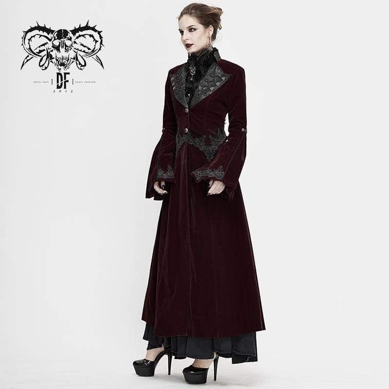 Women's Gothic Velet Large Lapel Flare Sleeve Long Coats Wine Red