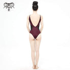 Women's Gothic Wine Red One Piece Cutout Swimsuit with Black Straps