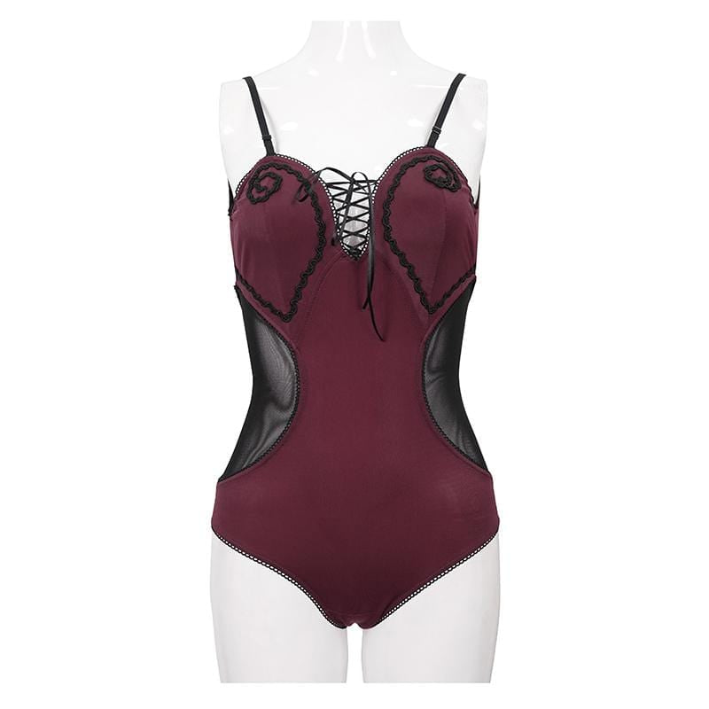 Women's Gothic Wine Red One Piece Cutout Swimsuit with Black Straps