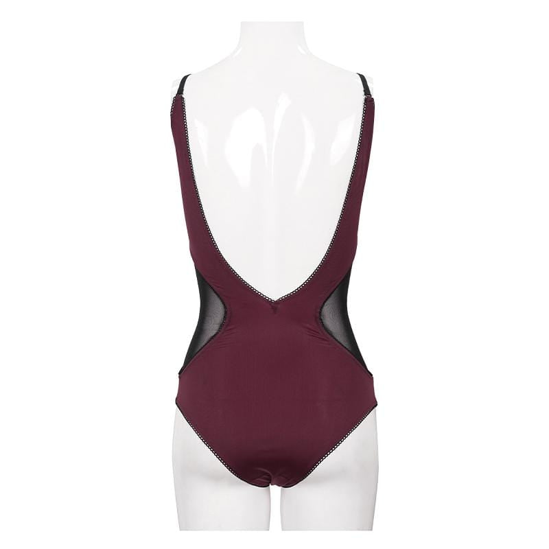 Women's Gothic Wine Red One Piece Cutout Swimsuit with Black Straps