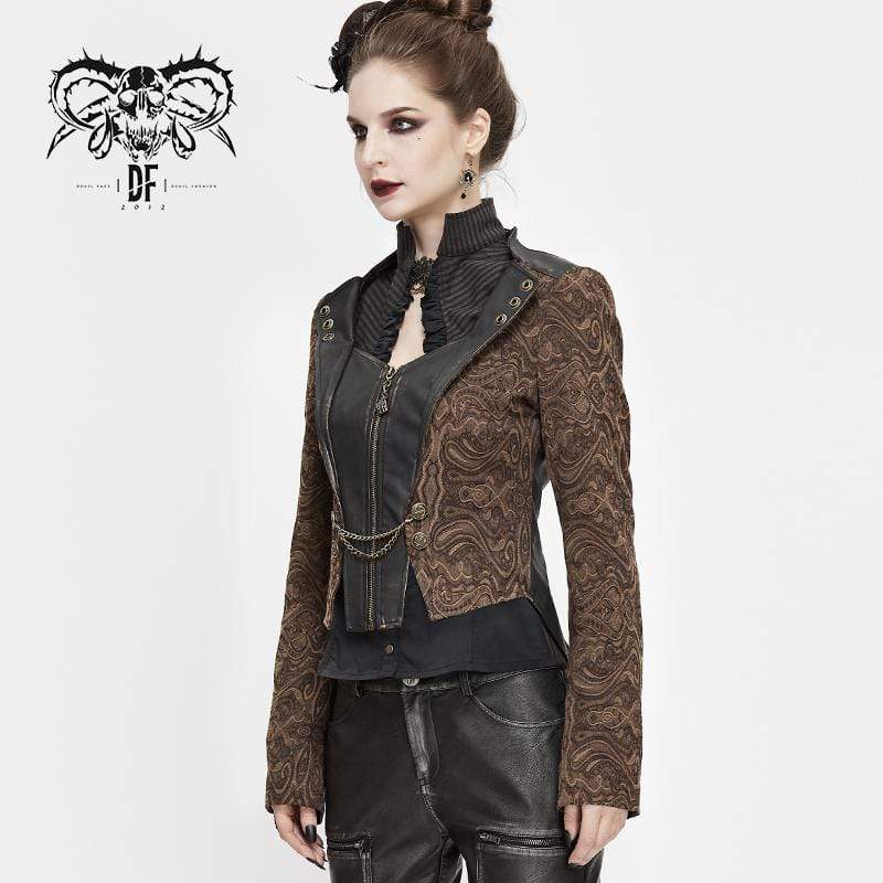 Women's Gothic Zip Faux Leather Splicing Jacquard Jackets Coffee
